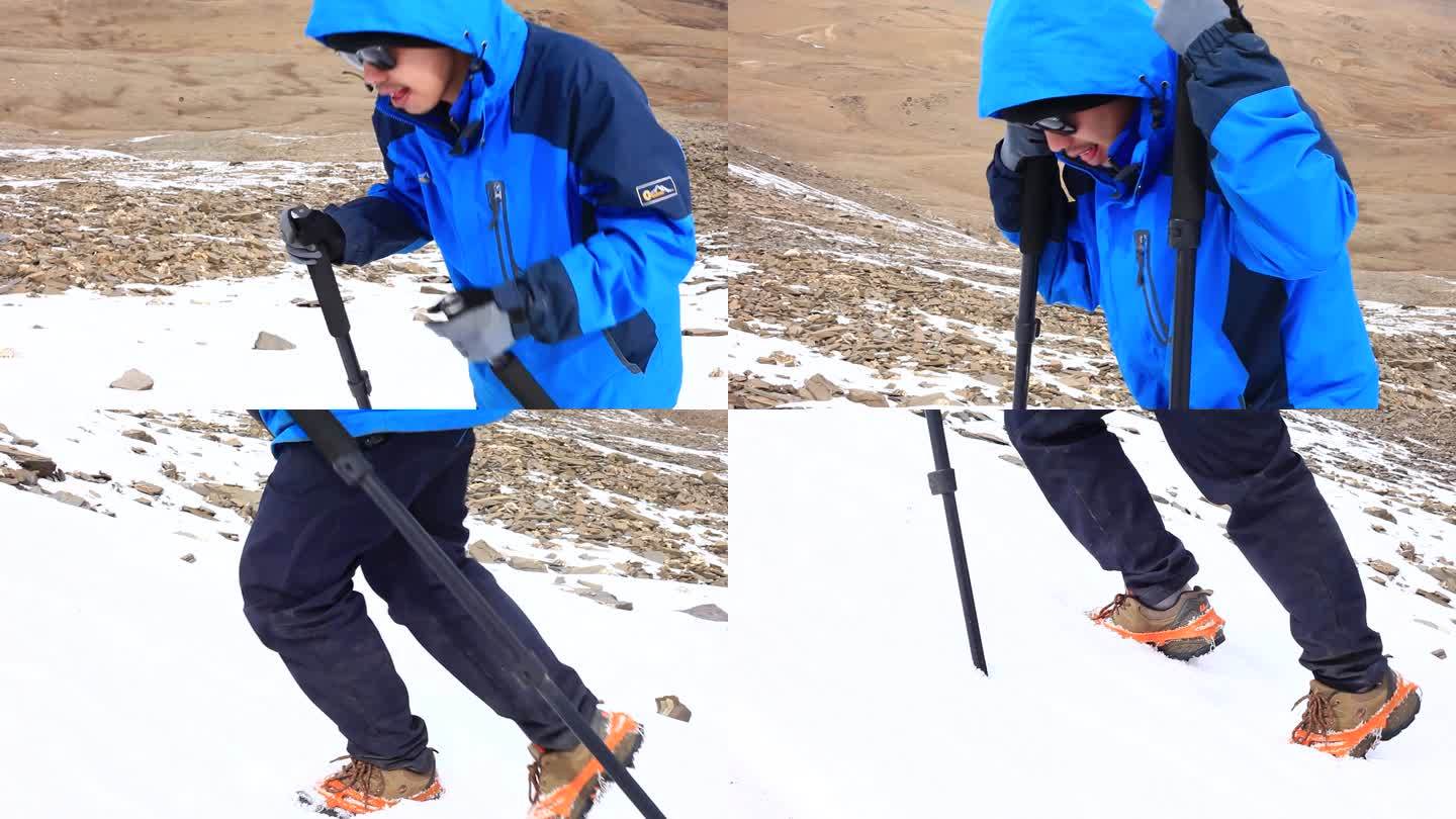 穿冲锋衣爬雪山  拄拐棍爬雪山 登山鞋