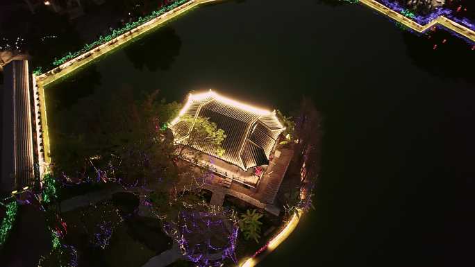 广州岭南印象园古风建筑夜景航拍4K视频
