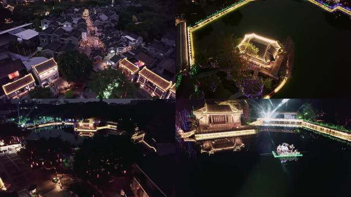 广州岭南印象园古风建筑夜景航拍4K视频