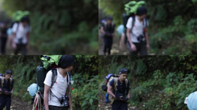 男子徒步旅行 背包睡袋  背包穿过树林