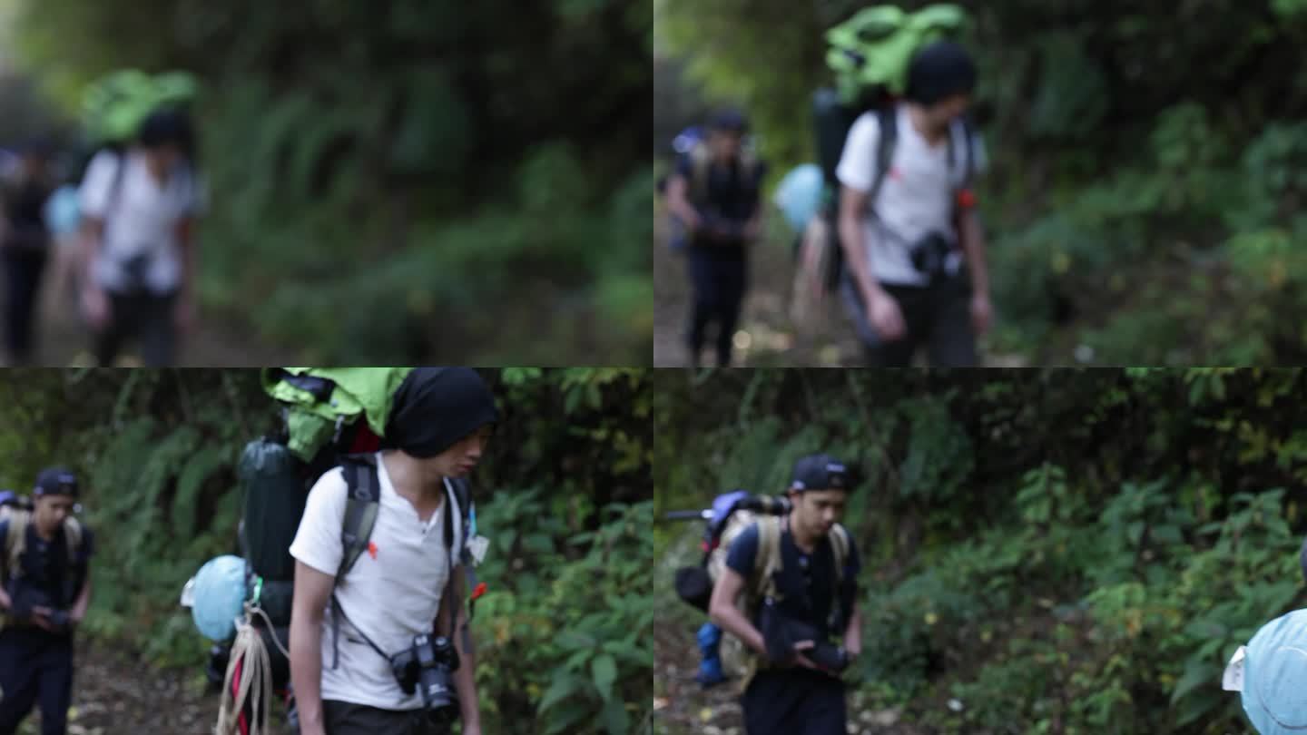 男子徒步旅行 背包睡袋  背包穿过树林