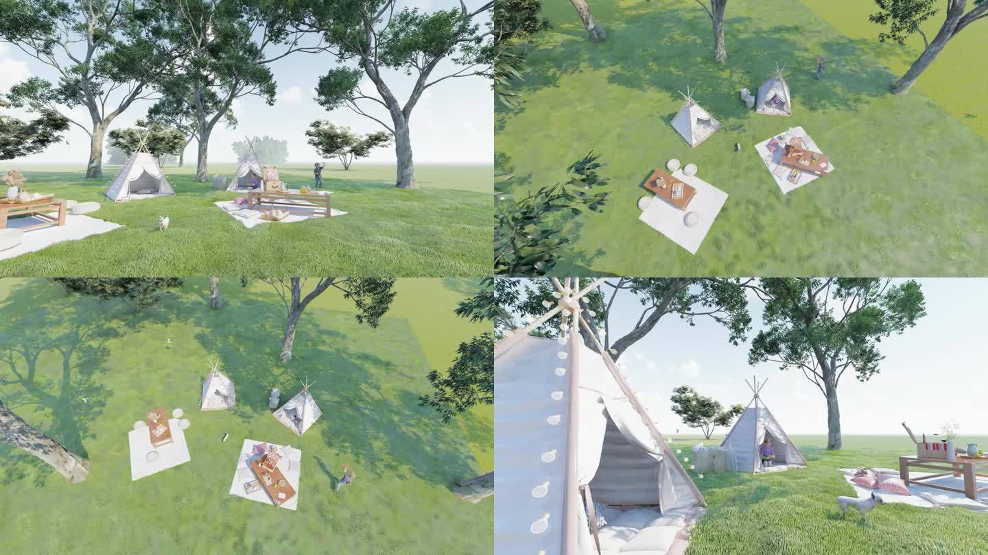 树下草地帐篷露营野餐
