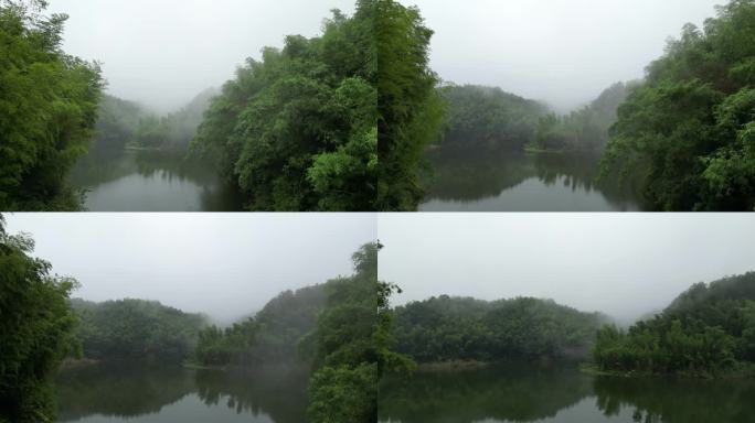 自然航拍蜀南竹海湖雾