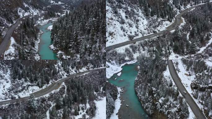 汽车行驶在下雪天帕隆藏布江河谷的川藏公路