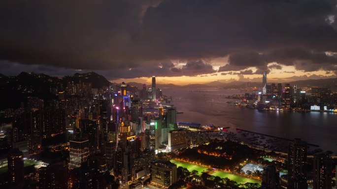 中国香港维多利亚港日落夜景航拍4K视频