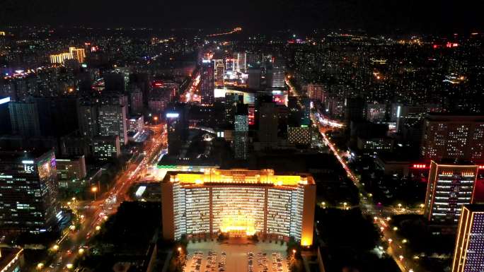 航拍临沂市北城新区中轴线城市夜景