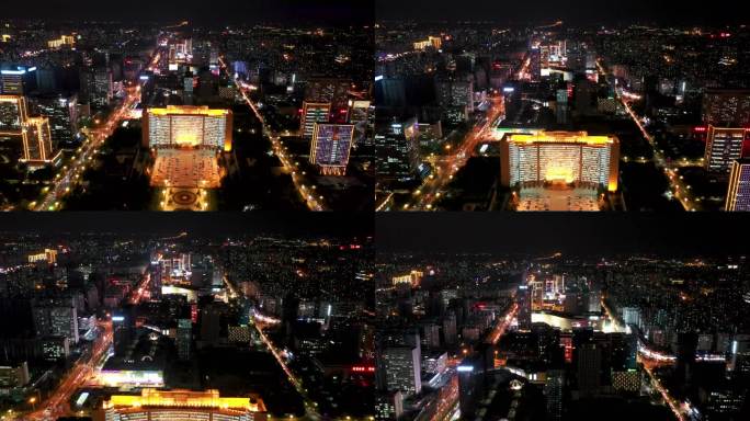 航拍临沂市北城新区中轴线城市夜景