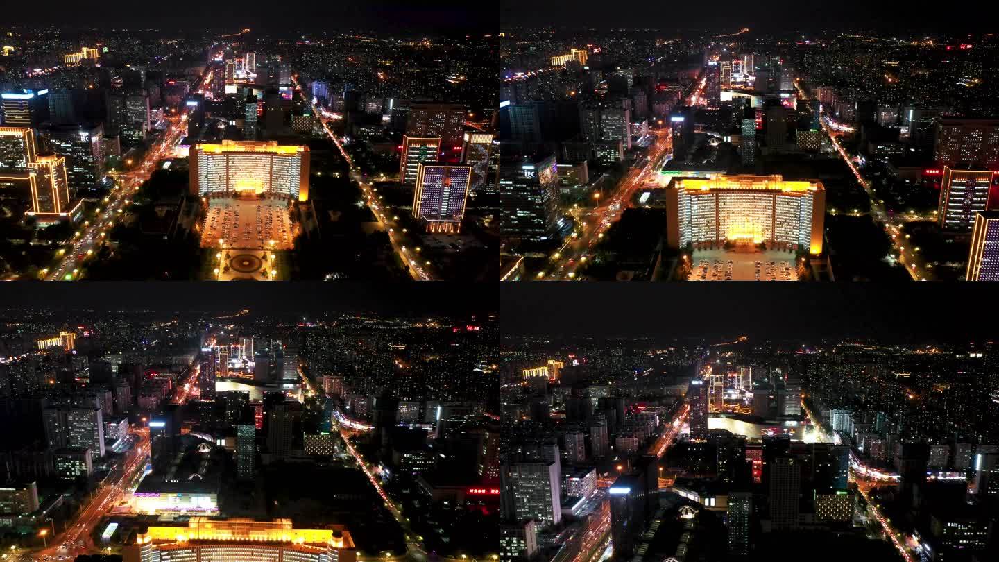 航拍临沂市北城新区中轴线城市夜景