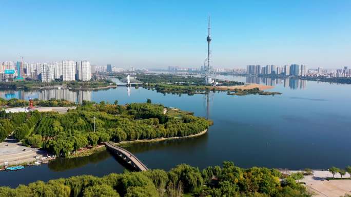 航拍发现式开场镜头临沂市三河口城市风景