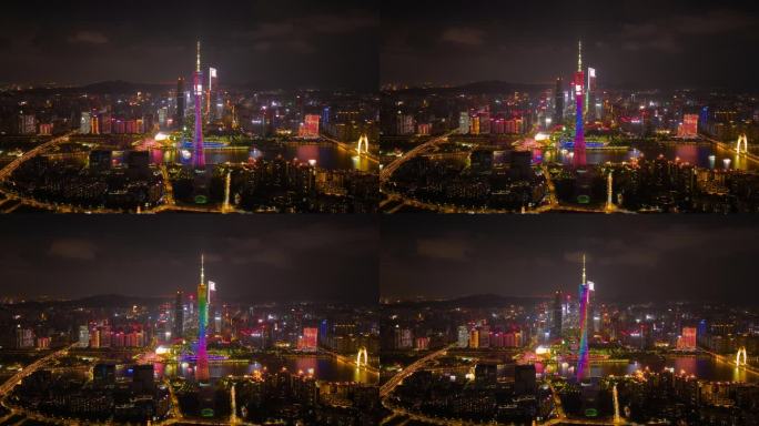 广州珠江新城广州塔珠江轮船航拍夜景延时