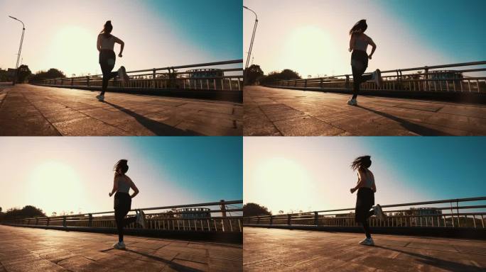 女孩跑步逆光奔跑晨跑锻炼女孩风采户外阳光