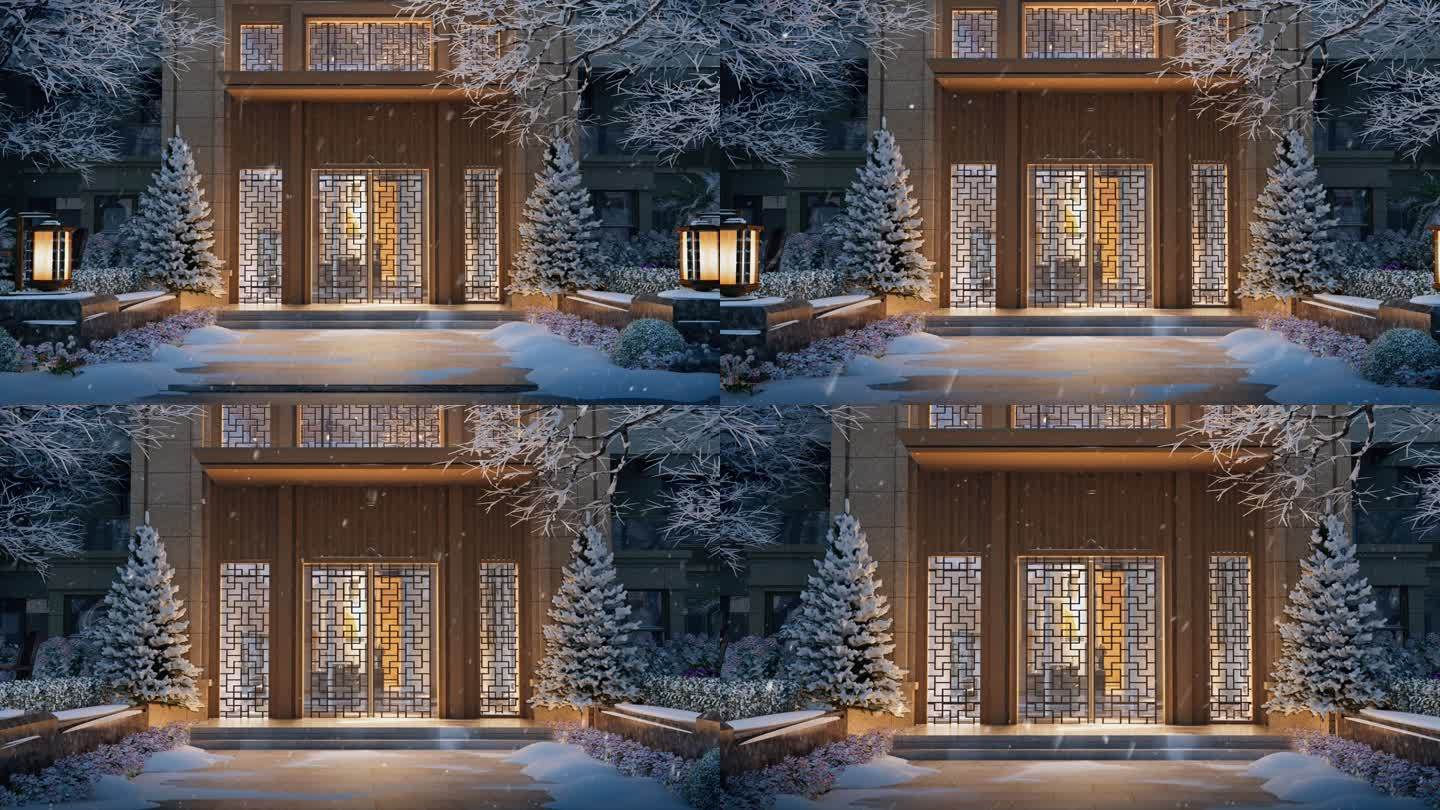 建筑雪景单元楼入户  三维动画