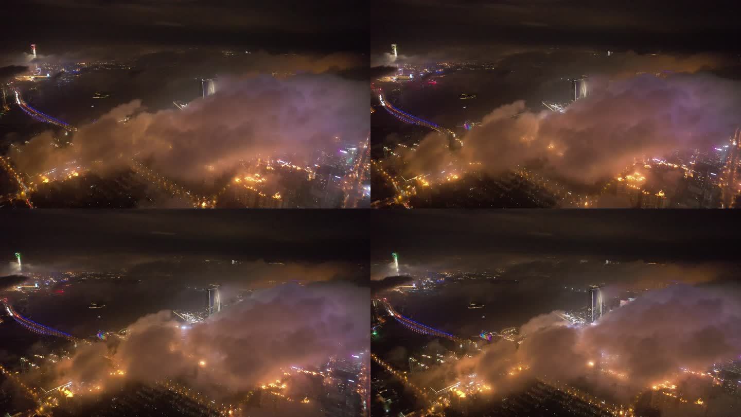 江苏苏州CBD夜晚平流雾航拍4K素材