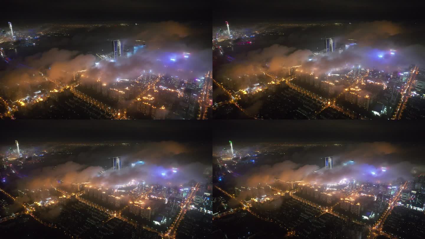 江苏苏州CBD夜晚平流雾航拍4K素材