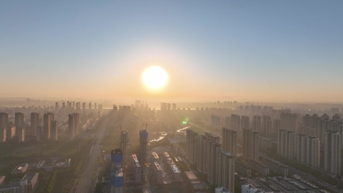 临沂市柳青河城市早晨朝阳航拍光晕清晨