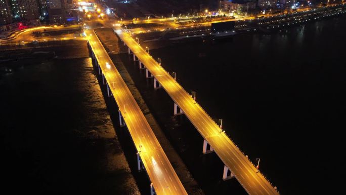 吉林城市夜景江景大桥航拍延时视频素材