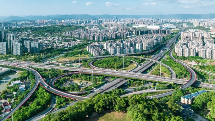 福州湾边立交桥公路交通运输车流延时航拍