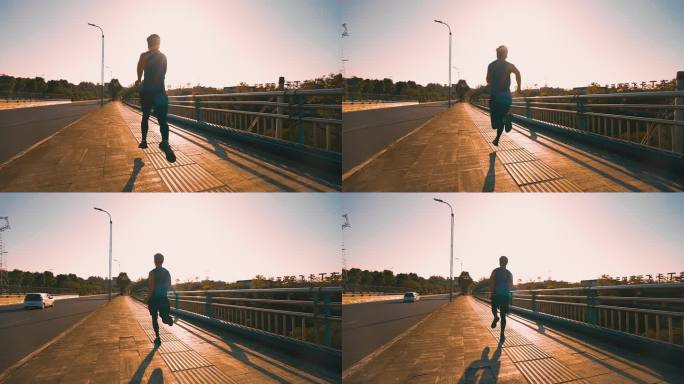 城市跑步男人清晨迎着阳光奔跑锻炼身体追梦
