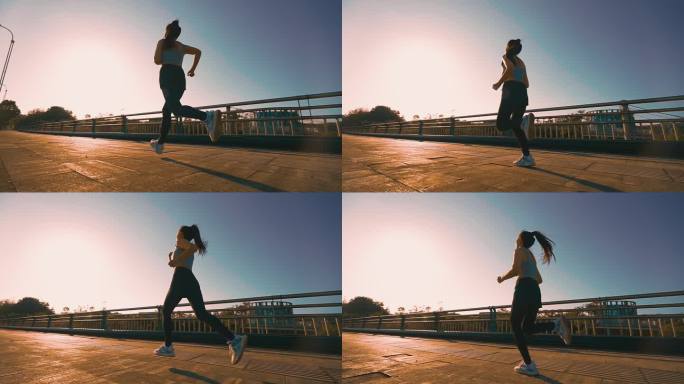 清晨女孩逆光跑步奔跑锻炼身体晨光跑步追梦
