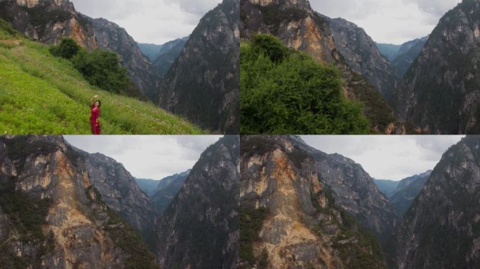 格桑花海的藏族女子和群山