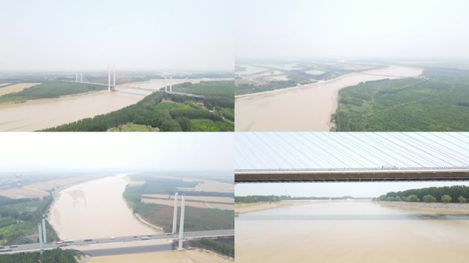 滨海黄河大桥航拍公路车流森林城市黄河俯拍