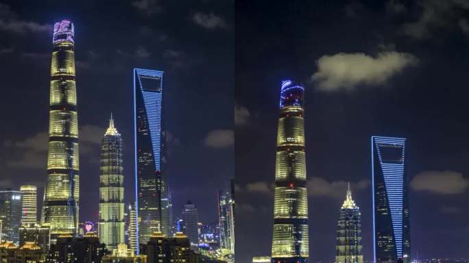 高清竖屏延时航拍上海地标建筑夜景