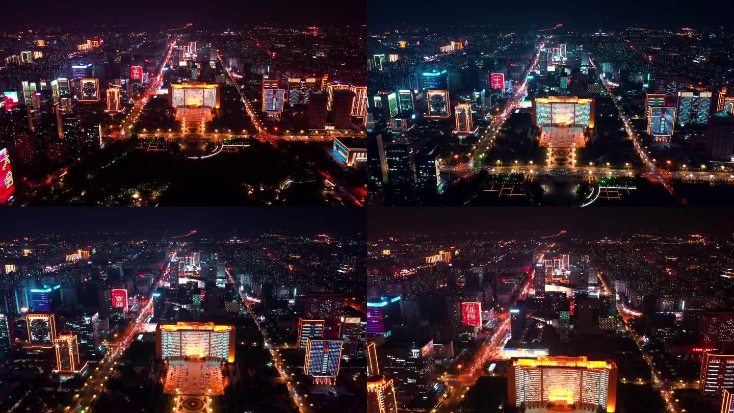 航拍临沂市北城新区中轴线夜晚风景