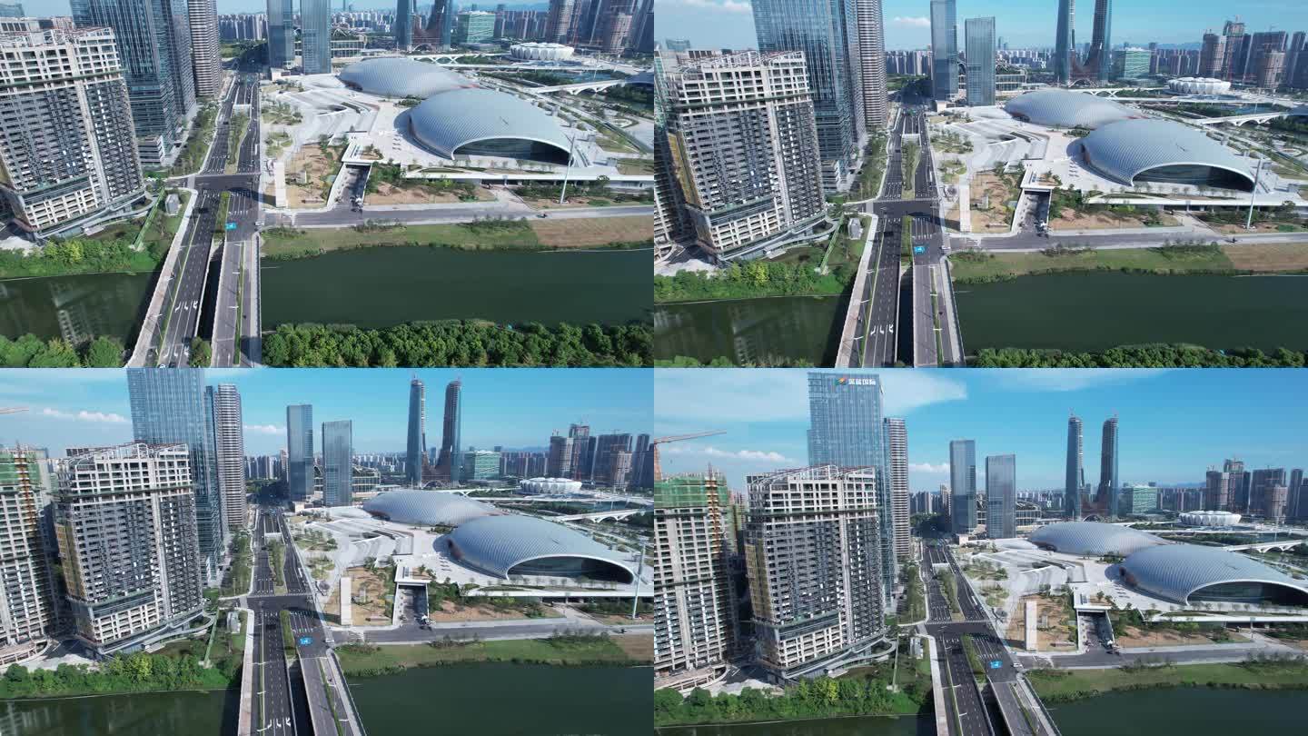 航拍杭州博奥路城市建筑交通