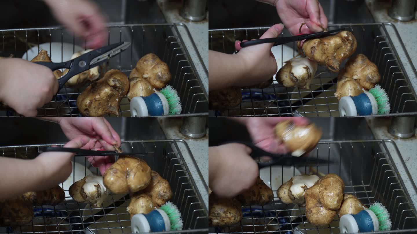 清洗凉薯剥皮切菜做饭