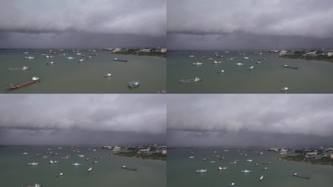台风来临海湾内的轮船下锚停泊严阵以待