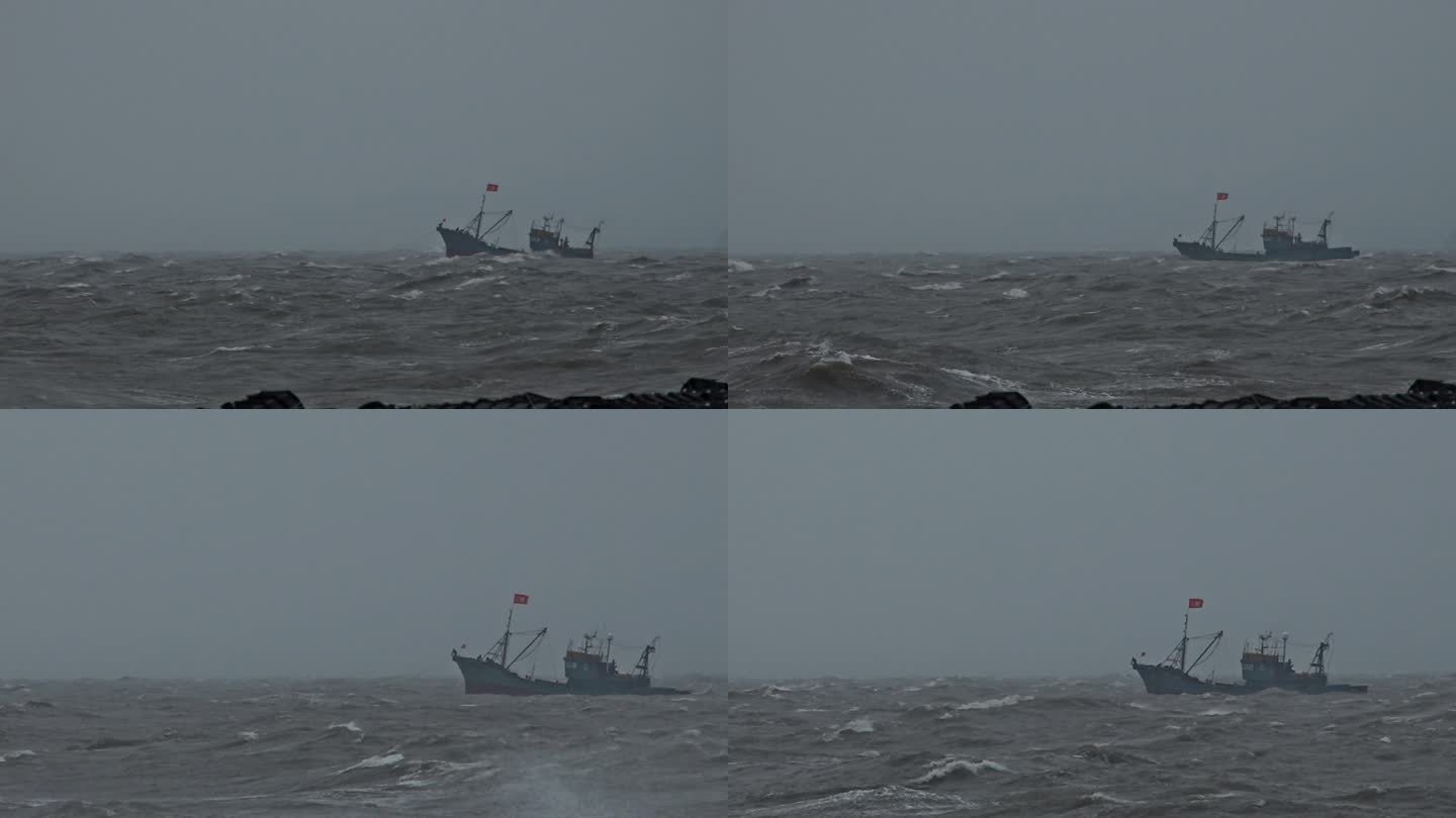 台风过后大海海鸥浪花浪涛中行船