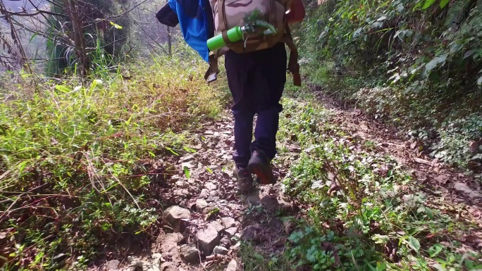 踏过泥巴路 背包帐篷 背包徒步穿过密林