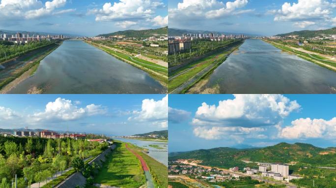 卢氏县城夏季航拍蓝天白云洛河3