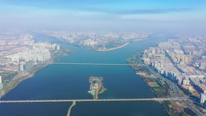 4K航拍临沂市沂河三河口风景