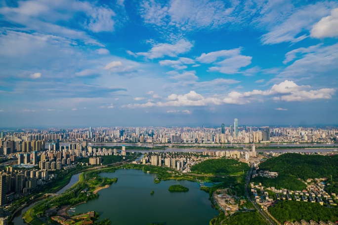 长沙城市全景湘江橘子洲风景延时