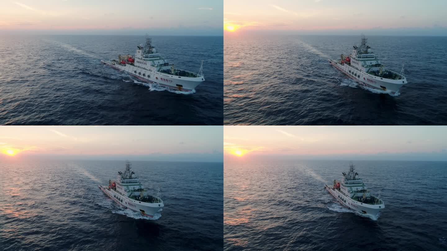 航拍环绕轮船救援船在大海航行