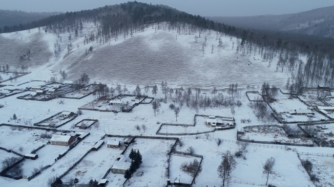 航拍大兴安岭下雪后山村人家