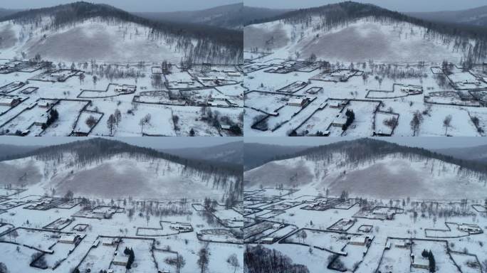 航拍大兴安岭下雪后山村人家