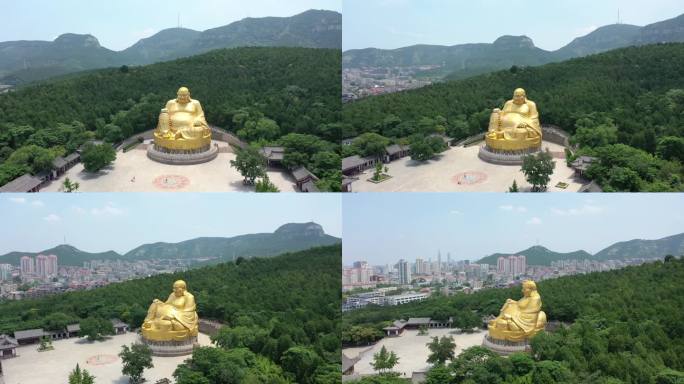 山顶金色弥勒佛雕像环绕4k航拍