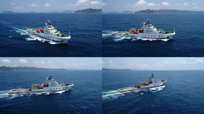航拍环绕轮船救援船在大海航行