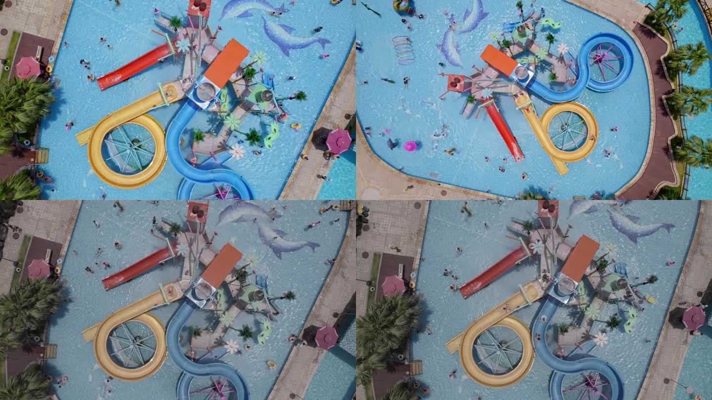俯拍夏天水上乐园泳池避暑娱乐设施