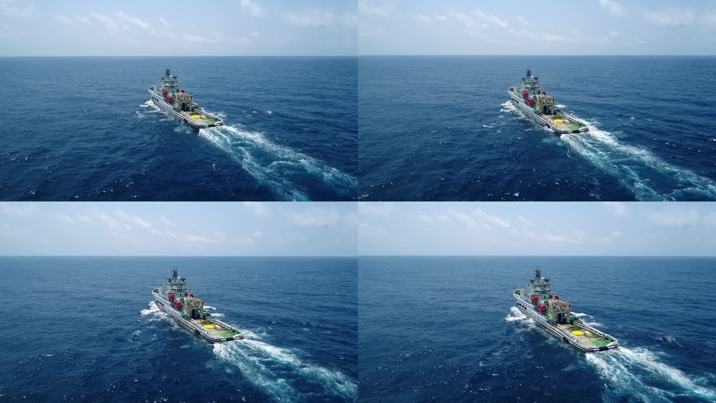 航拍南海救援船轮船行驶在深海