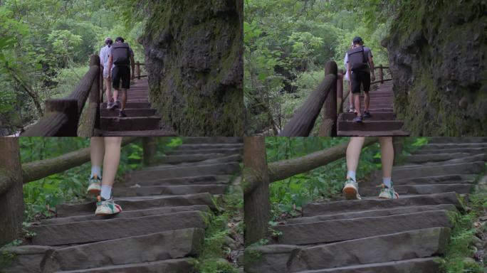 情侣栈道通行爬山旅游视频