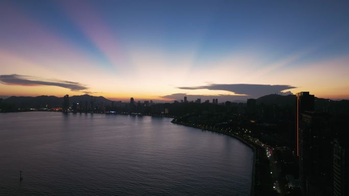 珠海香洲湾情侣路夜景晚霞航拍