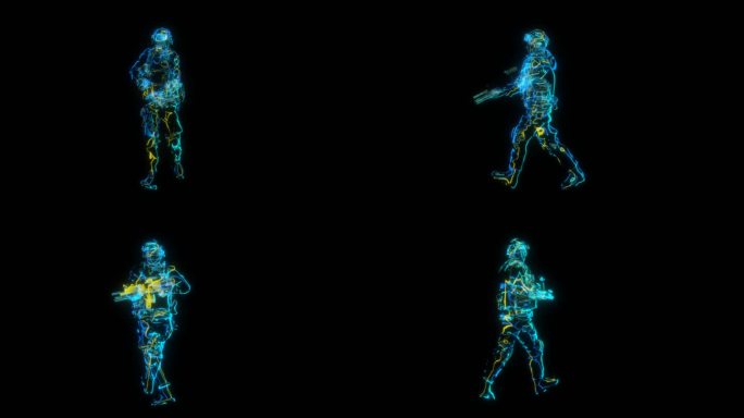 朋克风全息野战士兵持枪走路通道素材