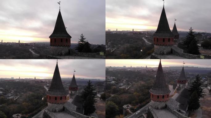 国外乌克兰城堡日出航拍