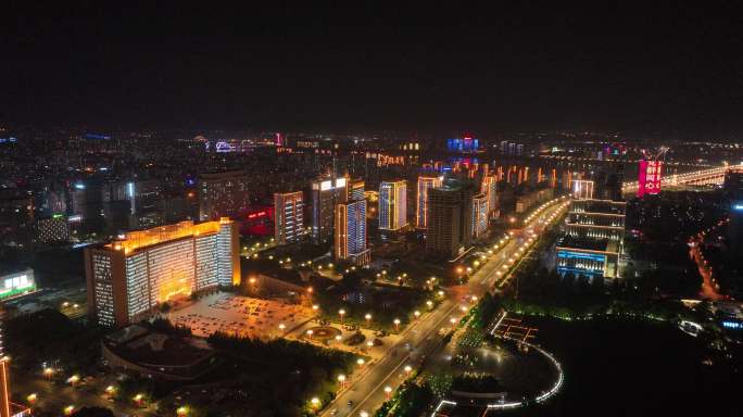 夜景航拍临沂市政府大楼车流北京路大桥环绕