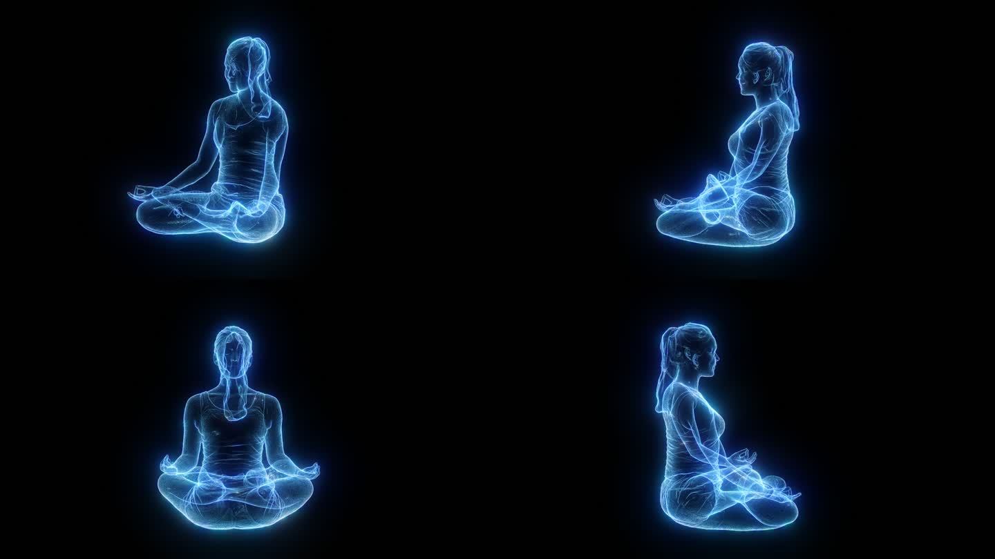 发光全息女士瑜伽盘坐透明通道素材