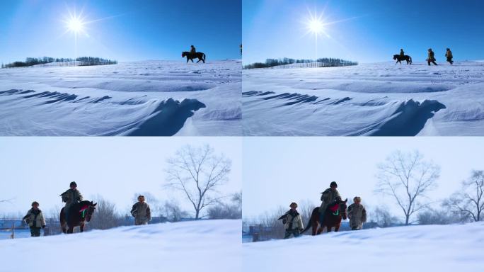 历史再现 白雪皑皑 古人骑马 蓝天白云