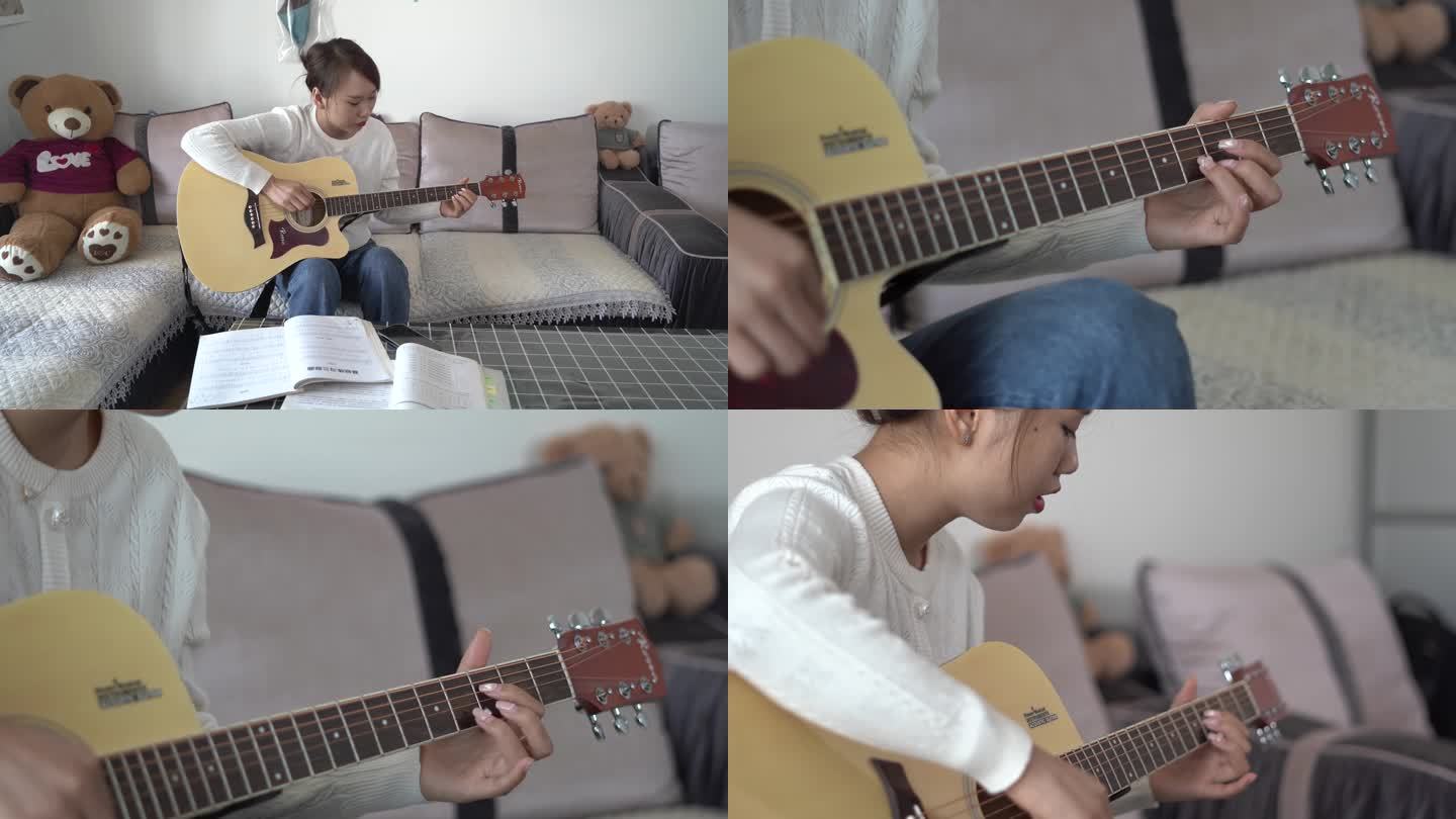 4K美女居家沙发学习弹吉他手部特写乐器3